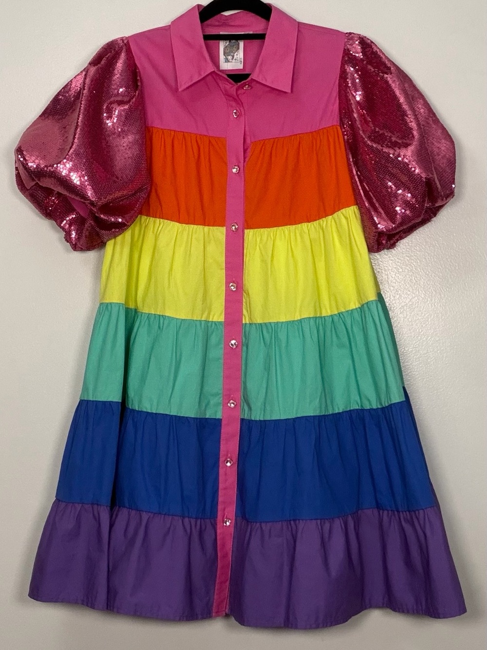 🆕 QUEEN OF SPARKLES Pink Multi-Color Tiered Mini Dress with Sequin Puff Sleeves